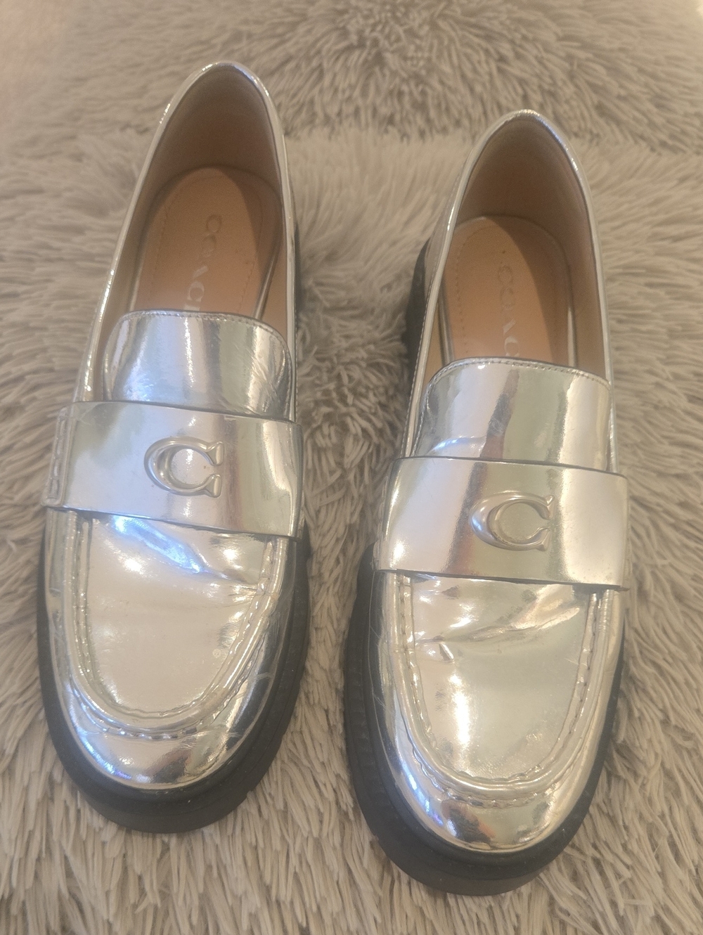 COACH Leah Metallic Leather Loafers Reflective Silver Finish.